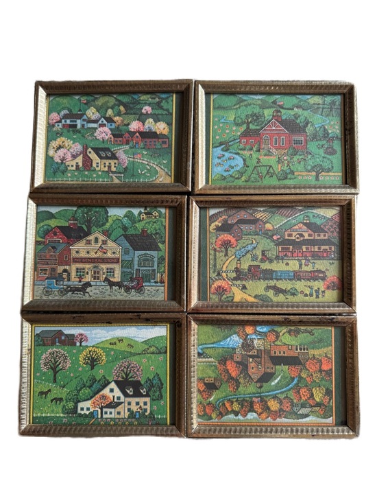 Brick Mill Studios Other - Set of 6 Green Folk Art Home Prints/cards in Gold Frames